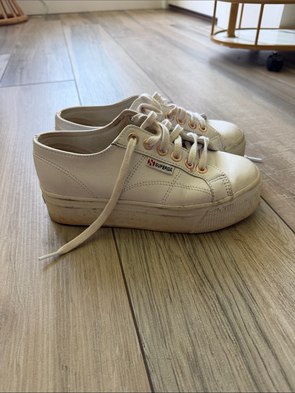 Superga Cream Leather Platform Sneakers with Rose-Gold Eyelets
